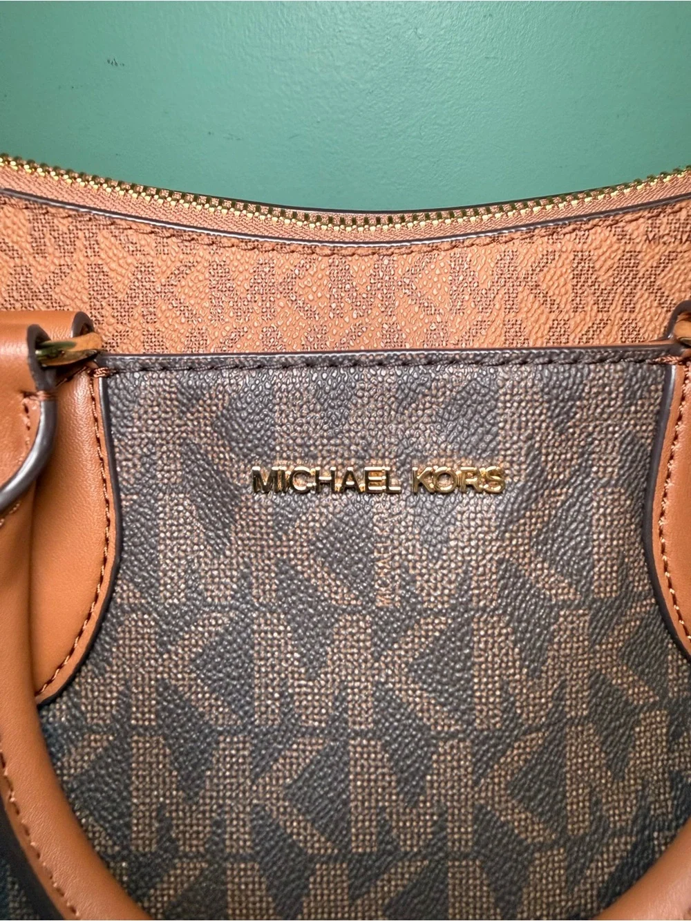 Michael Kors Brown and Tan Signature MK Tote with Gold Accent